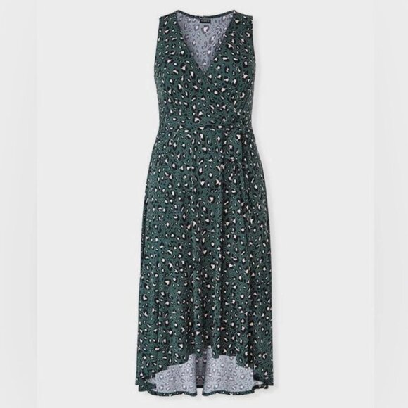 Torrid Studio Knit Hi-Low Midi Dress 2X Green Leopard Wrap V-Neck Falll - Picture 2 of 11